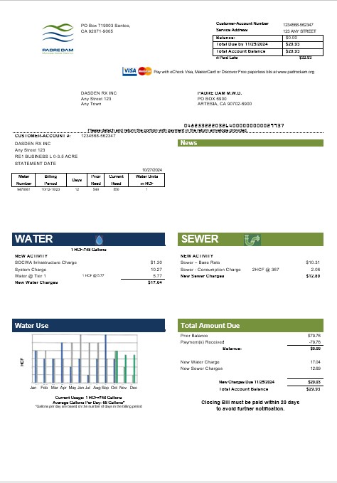USA California Padredam business utility bill template in Word and PDF formats